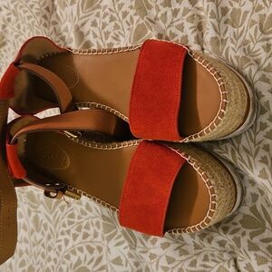 See by Chloe Glyn Mid Wedge Platform Espadrilles Suede Red 36